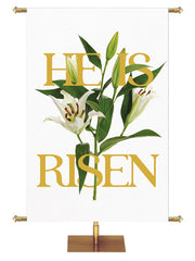 Church Banner for Easter He Is Risen. Gold Lettering and White Easter Lily Blooms with Green Leaves and Buds on White Banner