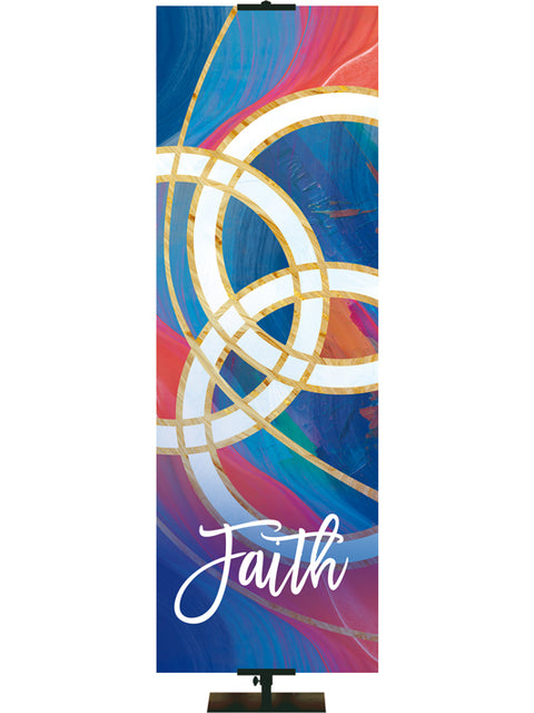 Church Banner Faith with White Trinity Symbol in a fresco design with hues of blues and reds right side format