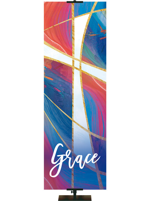 Church Banner Grace with White Cross Symbol in a fresco design with hues of blues and reds left side format