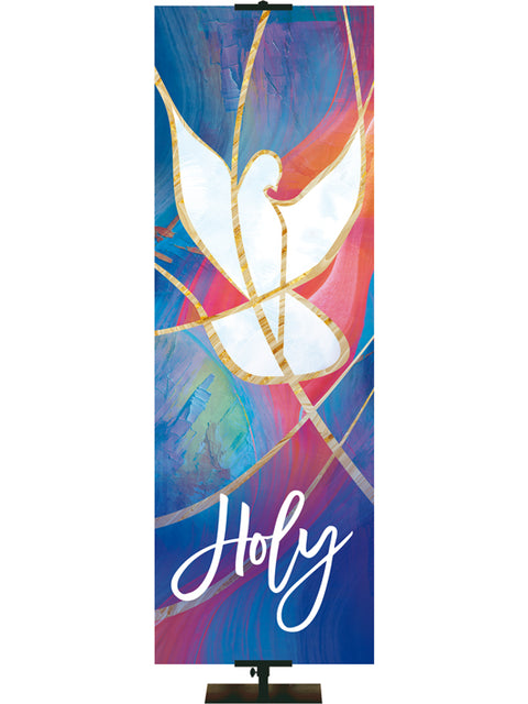 Church Banner Holy with White Dove Symbol in a fresco design with hues of blues and reds left side format