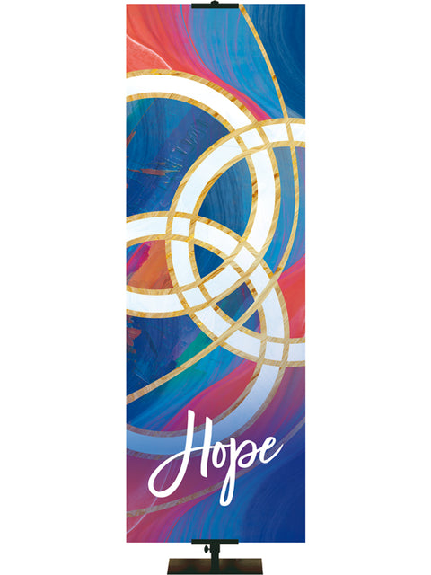Church Banner Hope with White Trinity Symbol in a fresco design with hues of blues and reds left side format