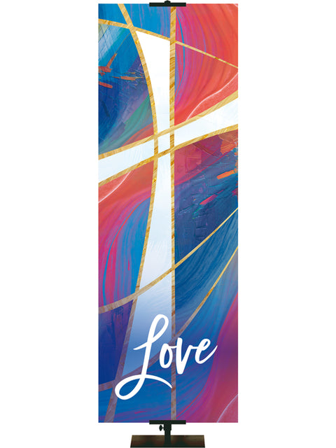 Church Banner Love with White Cross Symbol in a fresco design with hues of blues and reds right side format