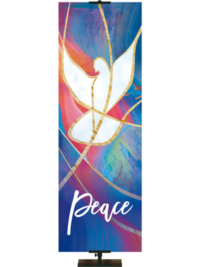 Church Banner Peace with White Dove Symbol in a fresco design with hues of blues and reds right side format