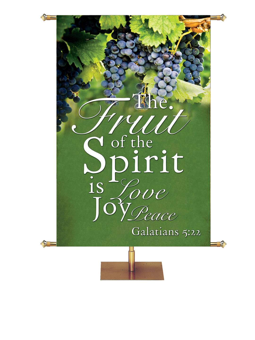 Fruit of the Spirit Love, Joy, Peace Banner with grapes on green
