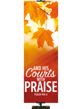Golden Harvest Courts With Praise Banner Left Gold Leaves with Red Base Psalm 100:4