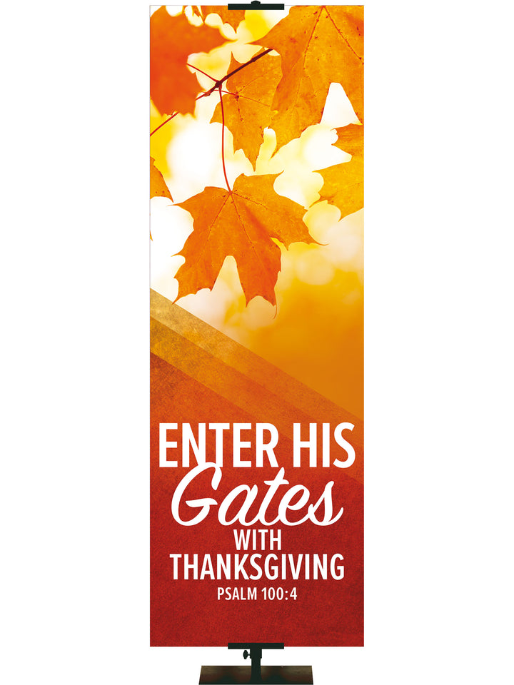 Golden Harvest Enter His Gates Banner Right Gold Leaves with Red Base Psalm 100:4
