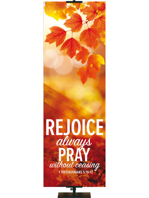 Golden Harvest Rejoice and Pray Banner Right Gold Leaves, Blue Sky 1 Thessalonians 5:16-17