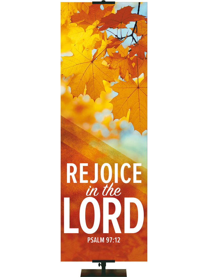 Golden Harvest Rejoice in the Lord Banner Right Red Leaves on Gold Psalm 97:12