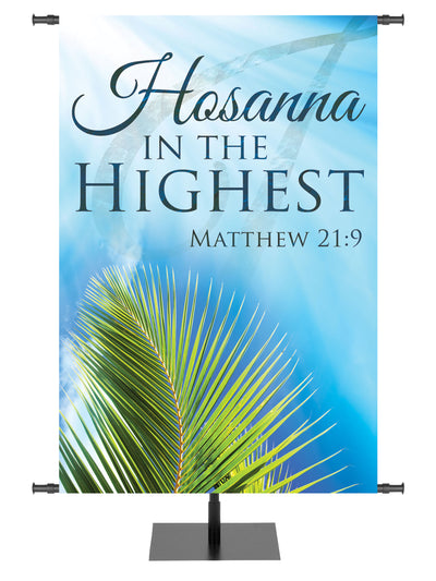 Church Banner for Easter with palm on blue Matthew 21:9 Hosanna In The Highest