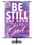 Church Gospel Impressions Be Still And Know That I Am God. Psalm 46:10. In Blue, Purple, Red and Teal.