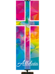 Hues of Grace Alleluia Church Banner for Easter with brilliantly multicolored Cross Symbol left side thin format banner