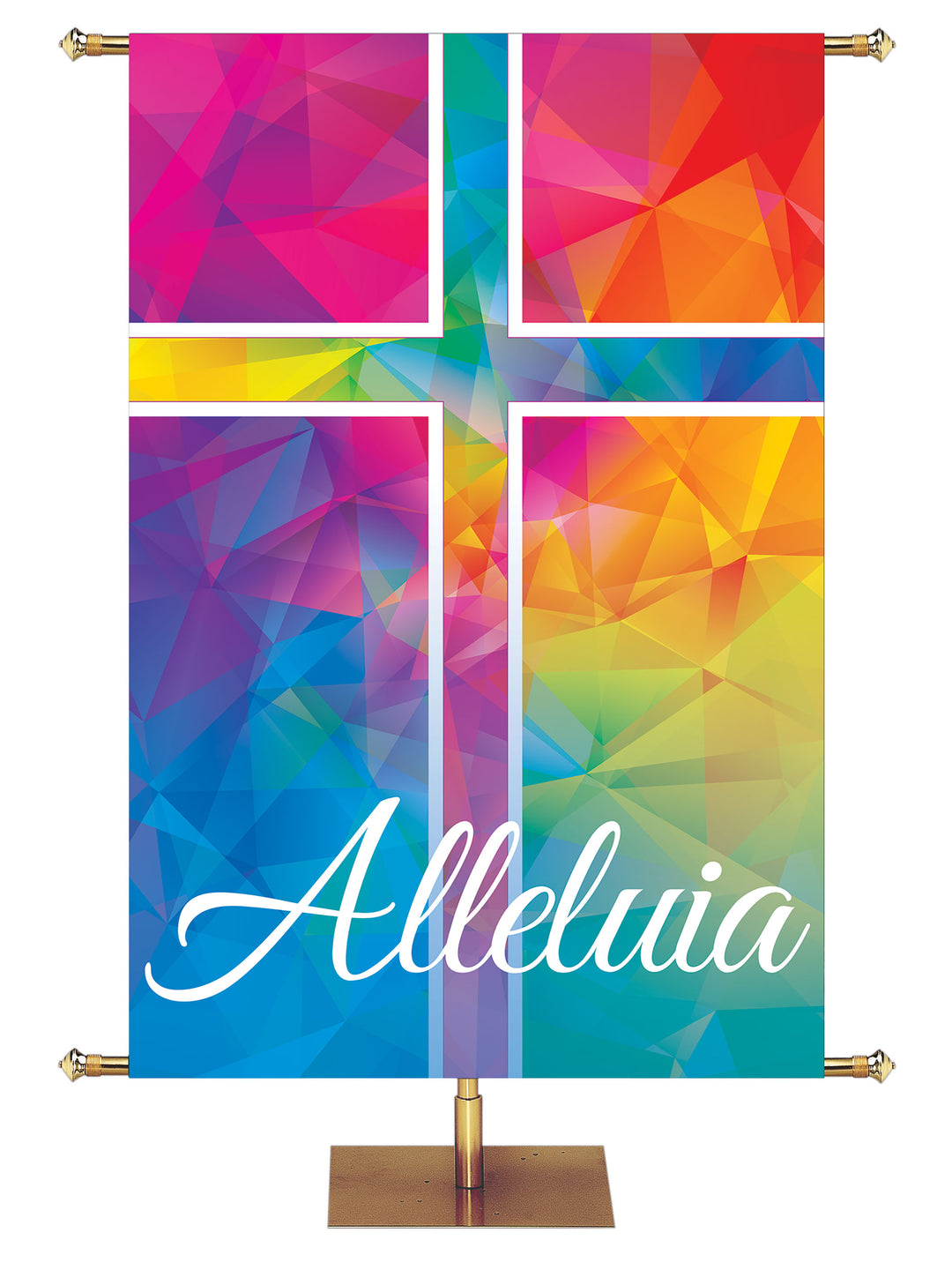 Hues of Grace Alleluia Church Banner for Easter with Beautiful multicolored Cross Symbol left side wide format