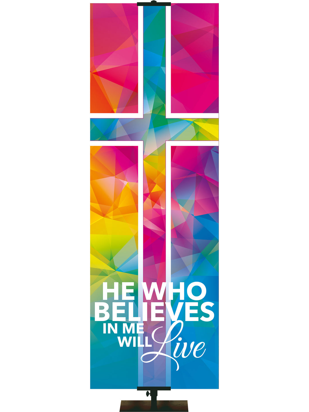 Hues of Grace He Who Believes Church Banner for Easter with brilliantly multicolored Cross Symbol right side thin format