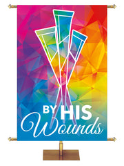 By His Wounds Hues of Grace Church Banner with brilliantly multicolored Crucifixion Nails Symbol in left side wide format