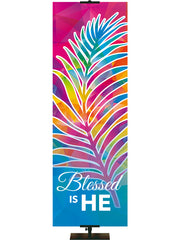 Blessed Is He Hues of Grace Church Banner with brilliantly multicolored Palm Symbol in left side thin format