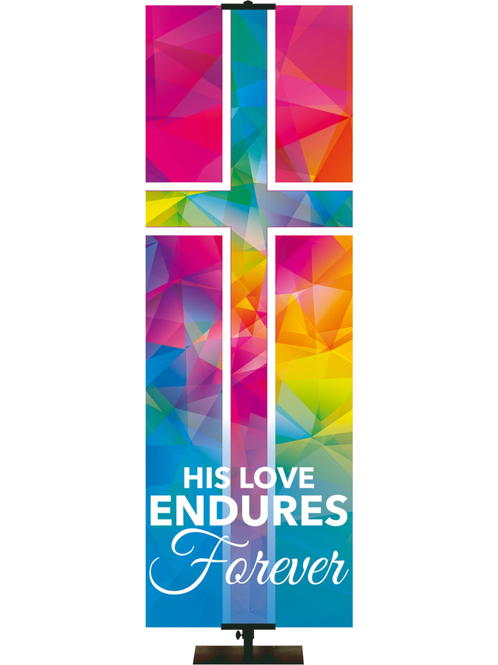 Hues of Grace His Love Endures Church Banner with brilliantly multicolored Cross Symbol left side thin format