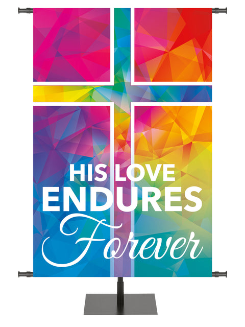 Hues of Grace His Love Endures Church Banner with brilliantly multicolored Cross Symbol left side wide format