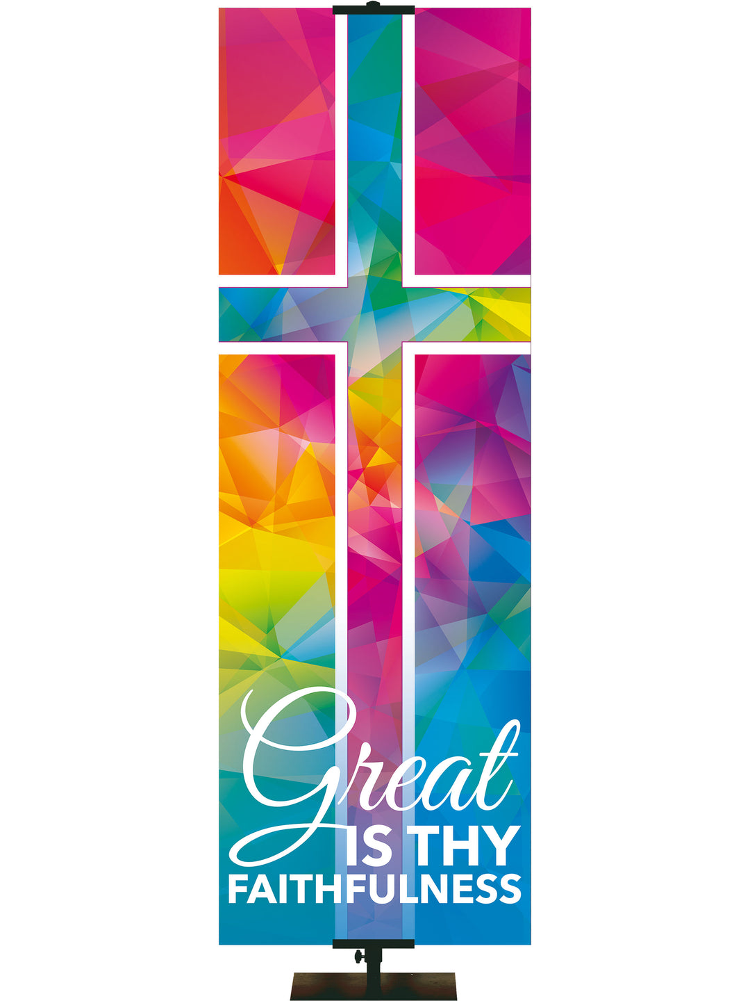 Hues of Grace Great Is Thy Faithfulness Church Banner for Easter with brightly multicolored Cross Symbol right thin format