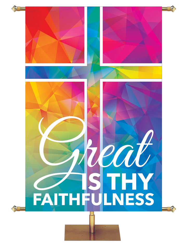 Hues of Grace Great Is Thy Faithfulness Church Banner for Easter with Brightly colored Cross Symbol right side wide format