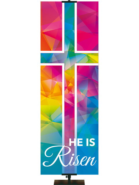 Hues of Grace He Is Risen Church Banner for Easter with Inspiring multicolored Cross Symbol right side thin format banner