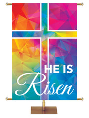 Hues of Grace He Is Risen Church Banner for Easter with Inspiring multicolored Cross Symbol right side wide format banner