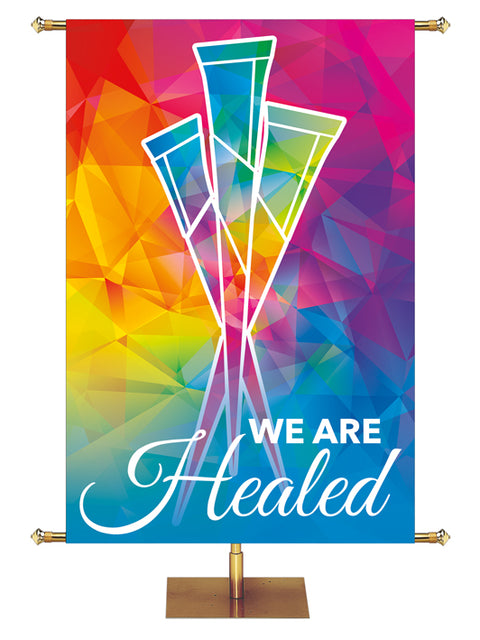 We Are Healed Hues of Grace Church Banner with brilliantly multicolored Crucifixion Nails Symbol in right side wide format