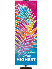 Hosanna In The Highest Hues of Grace Church Banner with brilliantly multicolored Palm Symbol in right side thin format