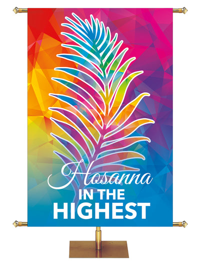 Hosanna In The Highest Hues of Grace Church Banner with brilliantly multicolored Palm Symbol in right side wide format