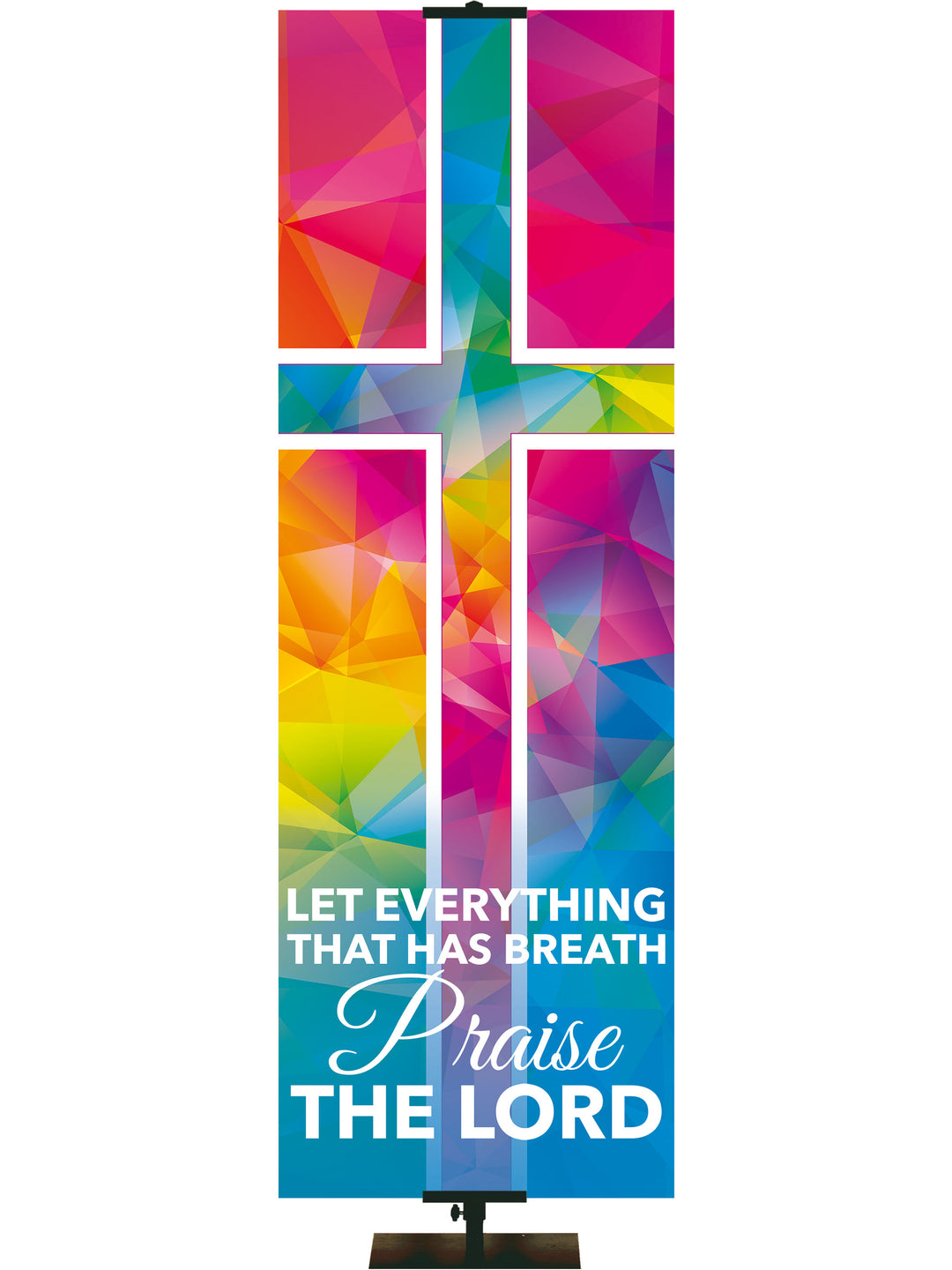 Hues of Grace Praise The Lord Church Banner with brilliantly multicolored Cross Symbol right side thin  format