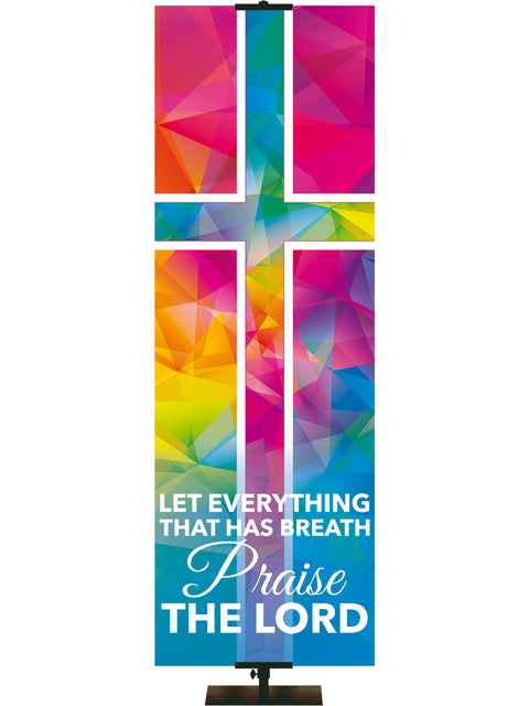 Hues of Grace Praise The Lord Church Banner with brilliantly multicolored Cross Symbol right side thin  format