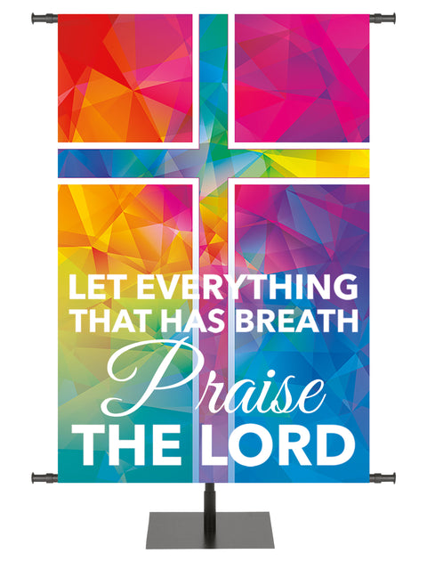 Hues of Grace Praise The Lord Church Banner with brilliantly multicolored Cross Symbol right side wide format