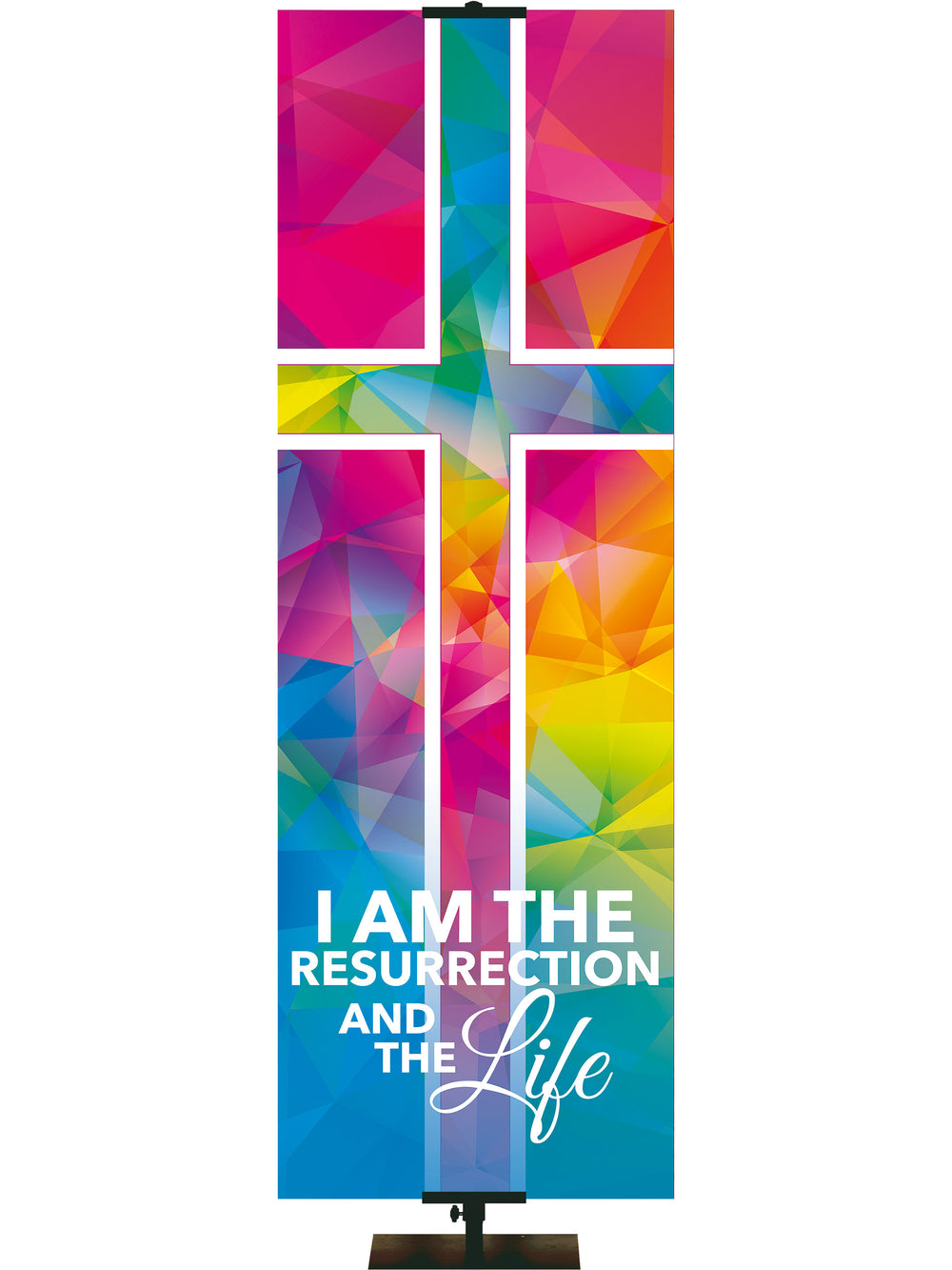 Hues of Grace I Am The Resurrection Church Banner for Easter with brightly multicolored Cross Symbol right side thin format