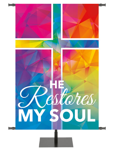 Hues of Grace Restores My Soul Church Banner with brilliantly multicolored Cross Symbol left side wide format