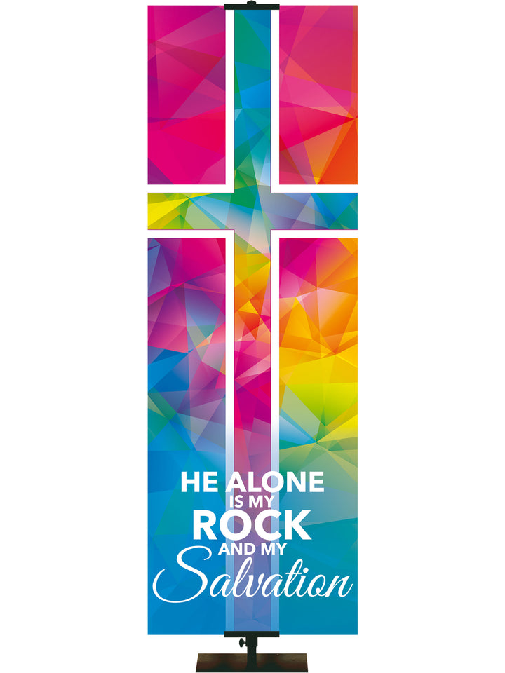 Hues of Grace My Rock And My Salvation Church Banner with brilliantly multicolored Cross Symbol left side thin format