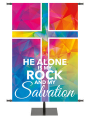 Hues of Grace My Rock And My Salvation Church Banner with brilliantly multicolored Cross Symbol left side wide format