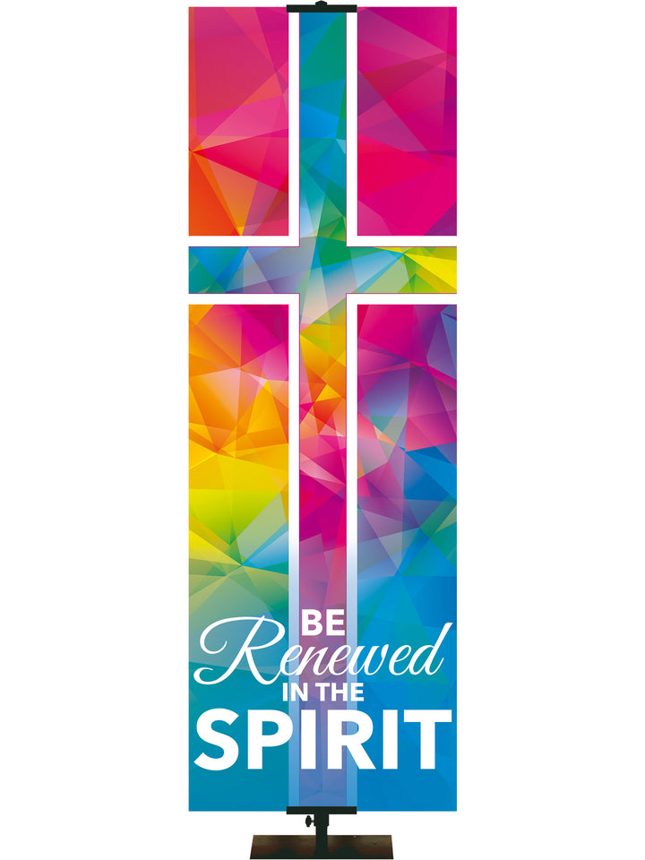 Hues of Grace Be Renewed Church Banner with brilliantly multicolored Cross Symbol right side thin format