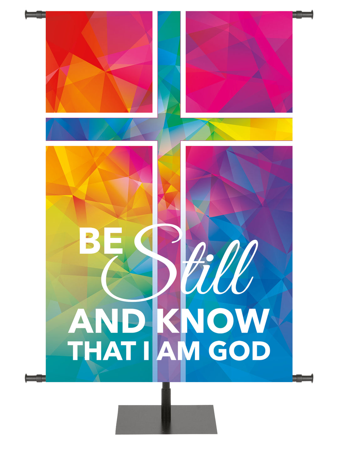 Hues of Grace Be Still And Know Church Banner with brilliantly multicolored Cross Symbol right side wide format