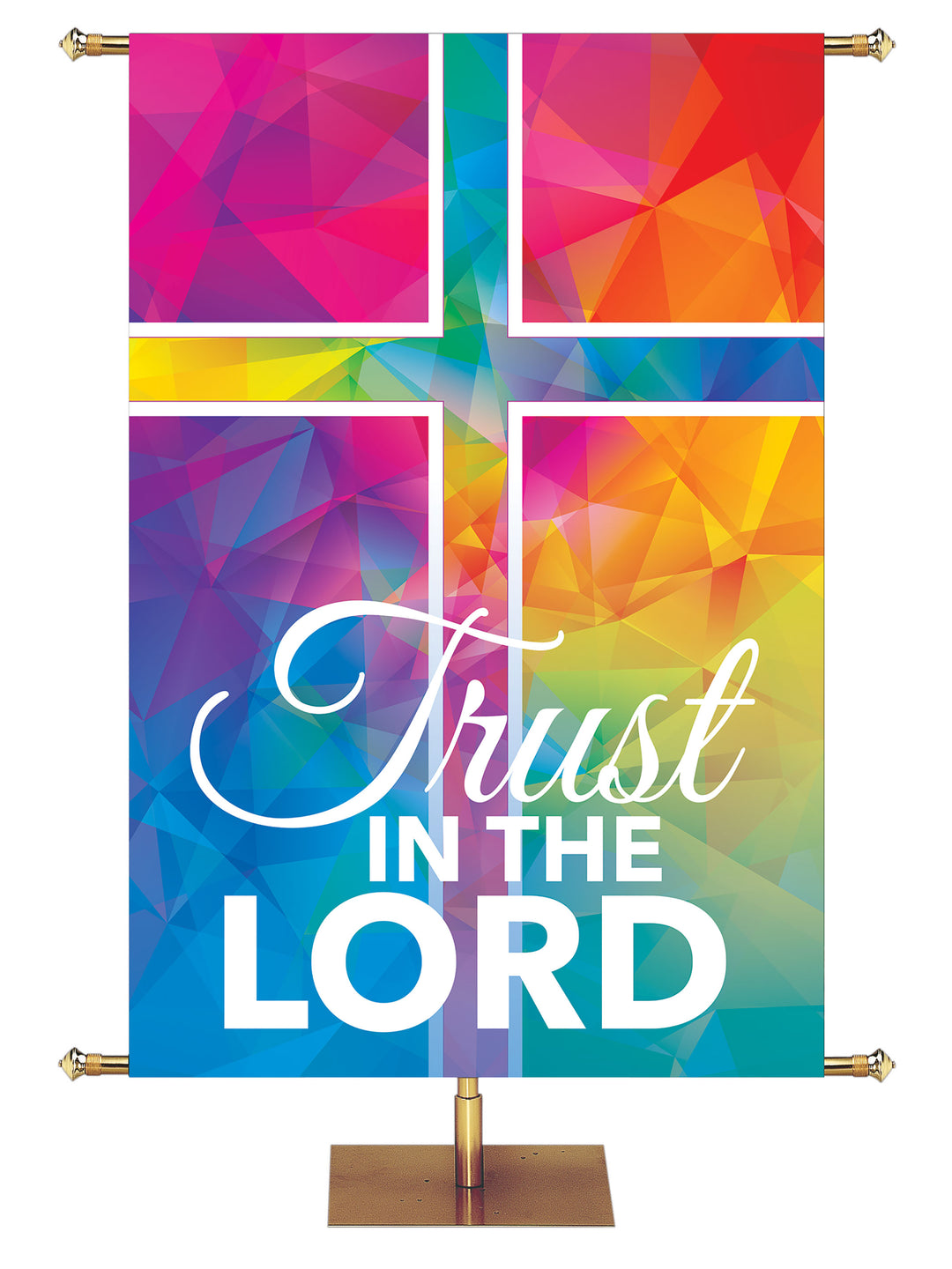 Hues of Grace Trust In The Lord Church Banner for Easter with Brilliantly multicolored Cross Symbol right side wide format