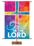 Hues of Grace Trust In The Lord Church Banner for Easter with Brilliantly multicolored Cross Symbol right side wide format
