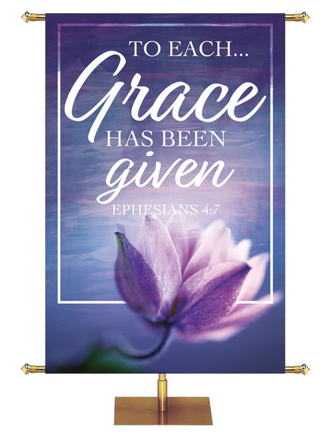 Church Banner His Loving Grace To Each Grace has been Given Ephesians 4:7 with Pink Cyclamen Flowers on Purple