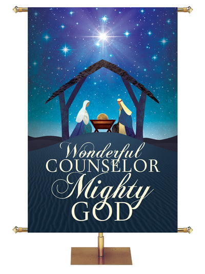 Church Banner for Christmas with Manger Wonderful Counselor - Mighty God (2) Isaiah 9:6.
