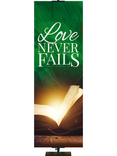 In His Service Love Never Fails Banner