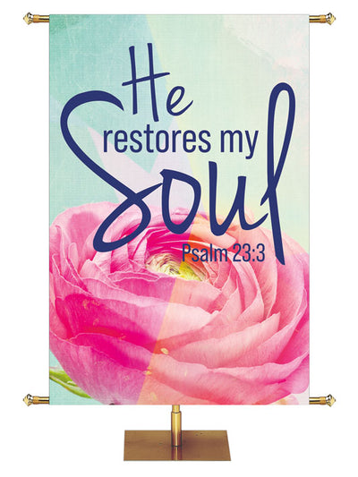 He Restores My Soul Psalm 23:3 Church Banner with Pink Buttercup Flower on Pastel