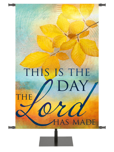 A Joyous Autumn Banner This Is The Day The Lord Has Made with Fall Leaves on watercolor background
