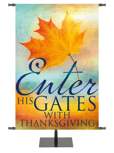 A Joyous Autumn Banner Enter His Gates With Thanksgiving with Golden Maple Leaf on watercolor background