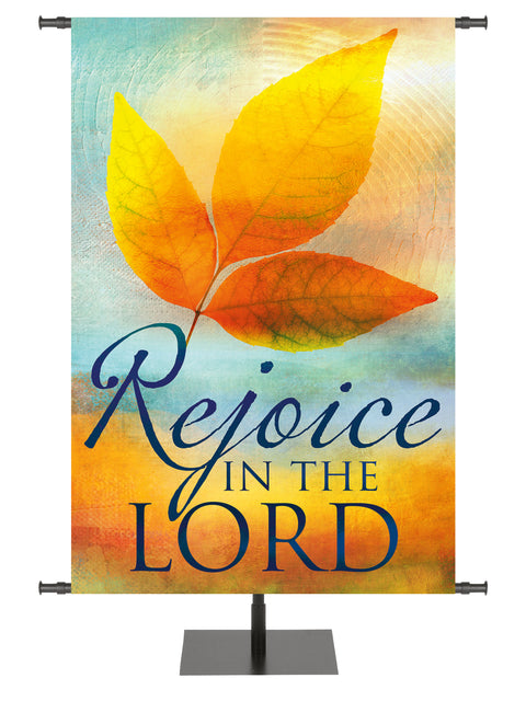 A Joyous Autumn Banner Rejoice In The Lord with Fall Leaf on watercolor background
