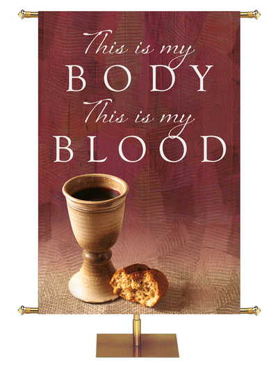 This Is My Body, This Is My Blood Living Hope Church Banner on red with Communion chalice on the left with bread