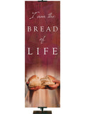 I Am The Bread Of Life Living Hope Church Banner with Broken Bread in hands on red