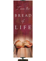 I Am The Bread Of Life Living Hope Church Banner with Broken Bread in hands on red