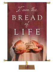 I Am The Bread Of Life Living Hope Church Banner with Broken Bread in hands on red